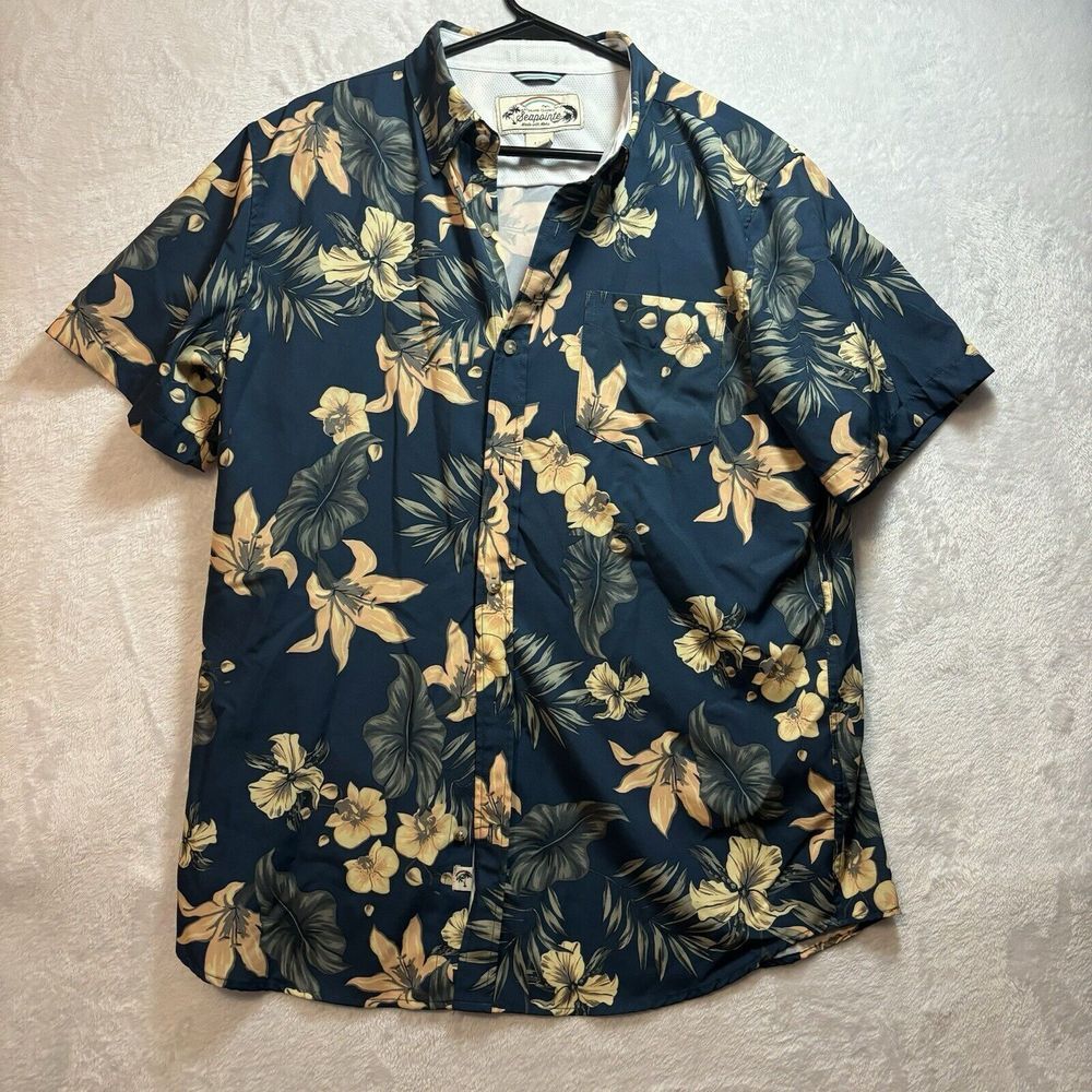 Seapointe Men's Soft Tropical Woven Button Down Shirt Blue Size Large